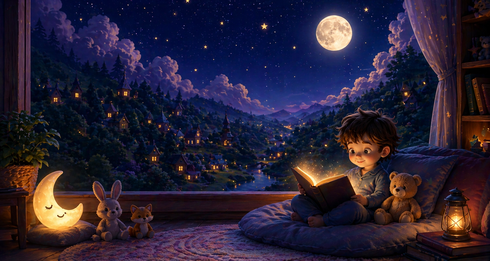A child reading an illustrated story with a glowing page.